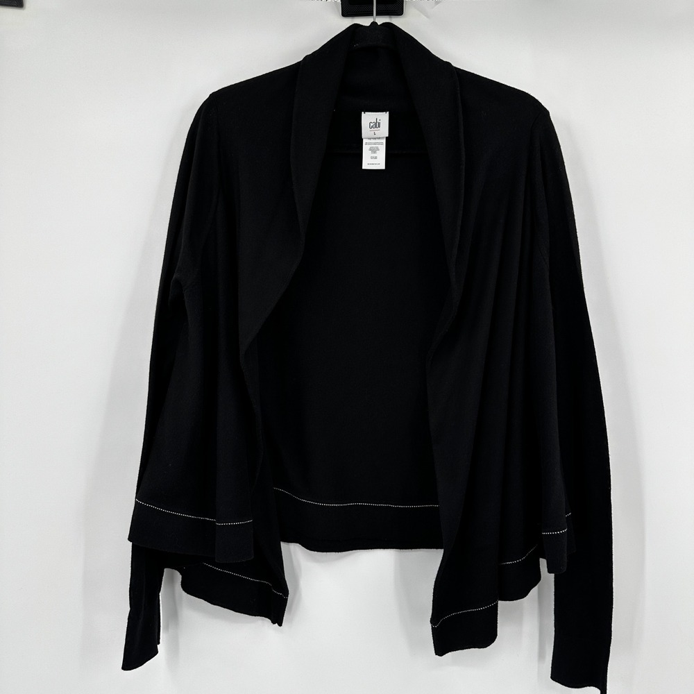 Cabi 3355 Winsome Black Draped Shawl Collar Open Front Cardigan Sweater Large